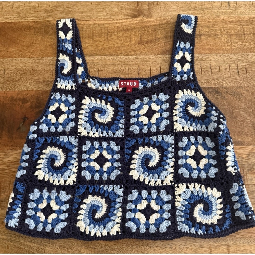 STAUD Crochet Tank Top Blue Patchwork Knit Crop Boho Sleeveless Medium